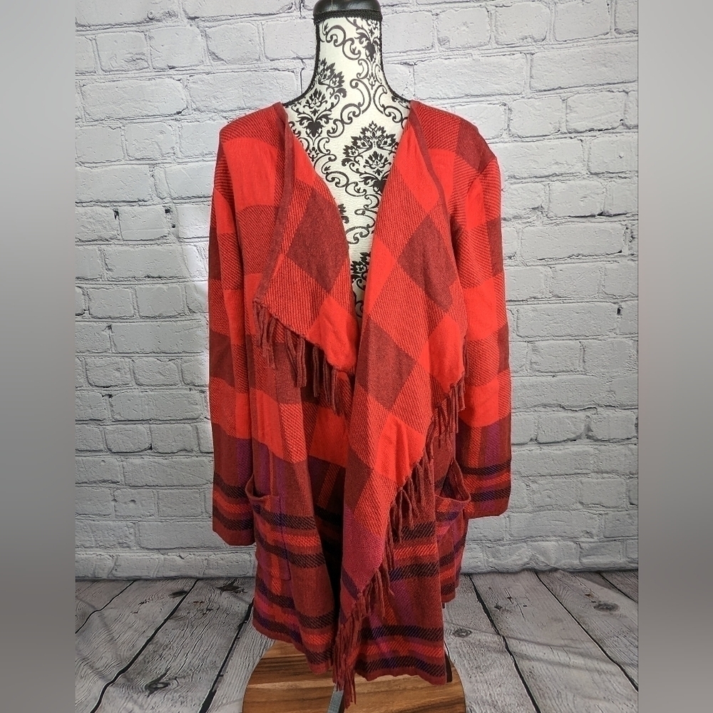 Isaac Mizrahi women's open front geo print fringed cardigan size xl pockets bb06
